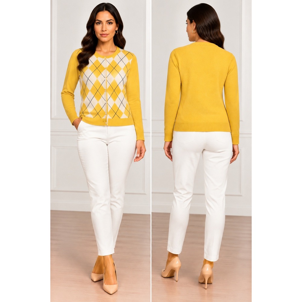 Lands' End Argyle Cardigan Womens Large 14-16 Yellow Excellent Supima Cotton